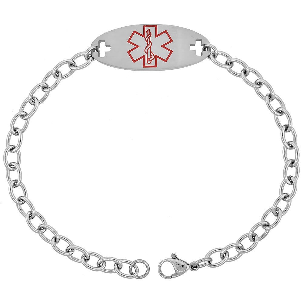 Children's bracelets: surgical steel medical alert bracelet for diabetes with red medical symbol.