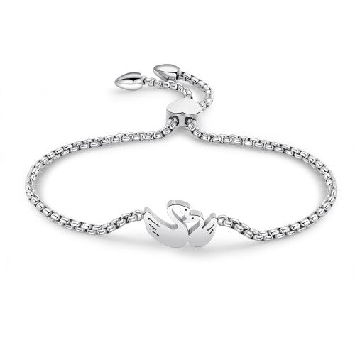 Swan Bracelet - Surgical Steel Adjustable Bolo with mother and baby swan design for elegant everyday wear.