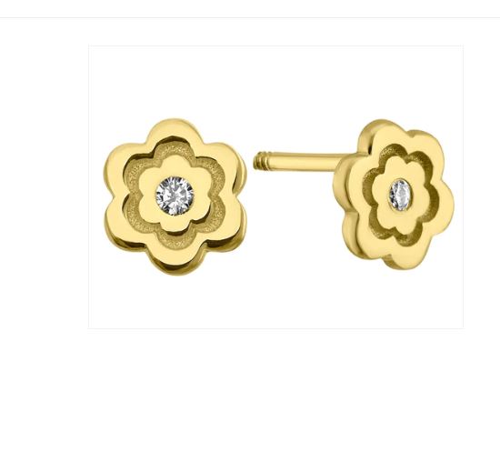 Baby Earrings:  14k Gold Tiny Flowers with Central CZ, with Screw Backs and Gift Box