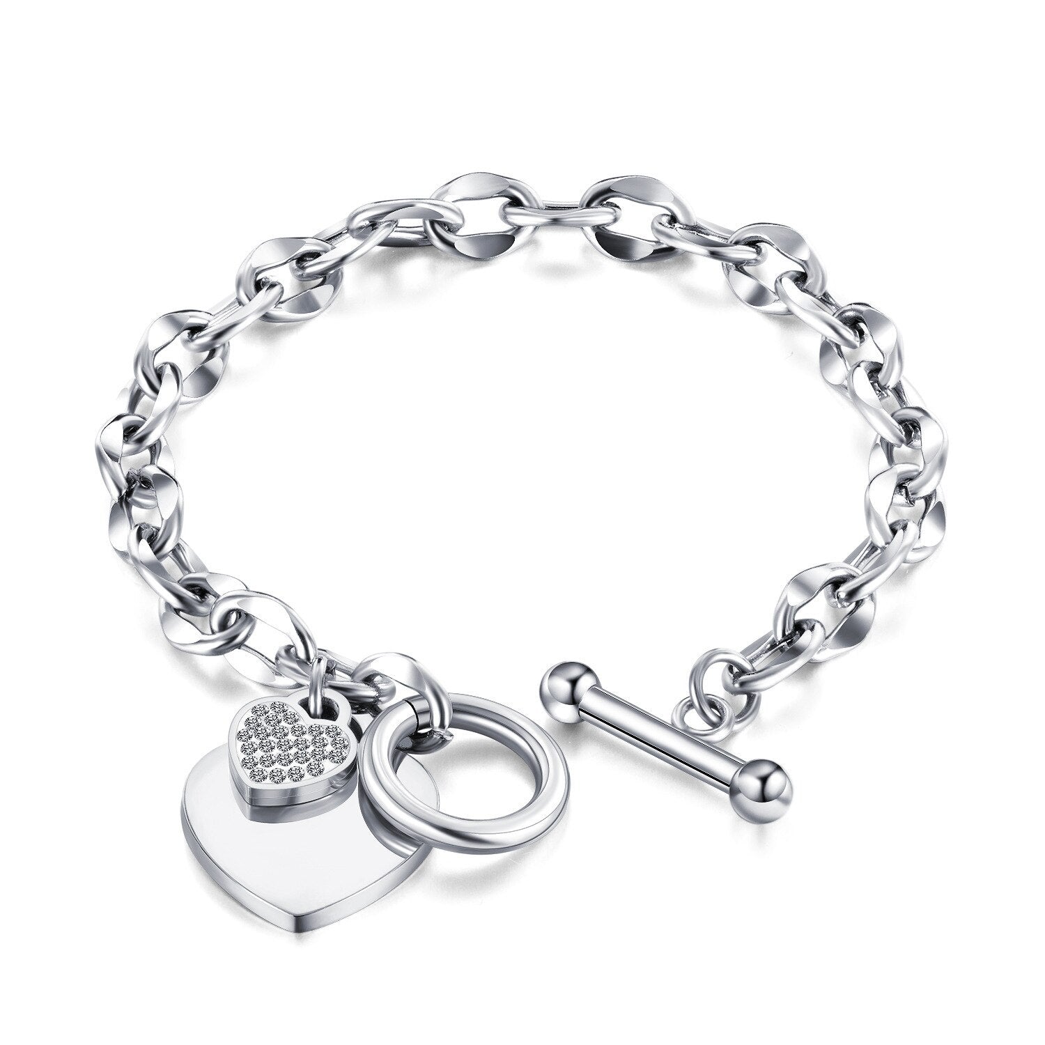 Titanium bracelet featuring a chunky link design, toggle closure, and heart charms for elegant style.
