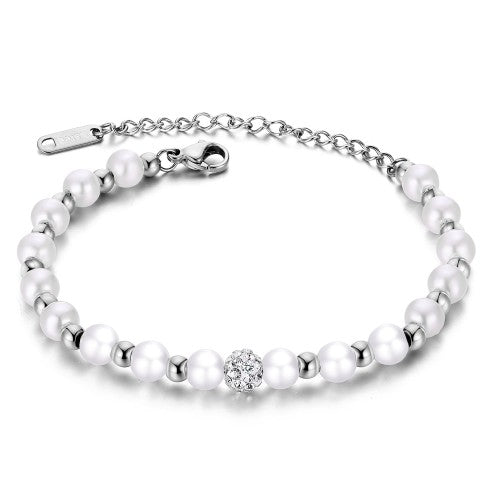 Titanium bracelet featuring pearl beads and a sparkling disco ball bead, adjustable for a perfect fit.