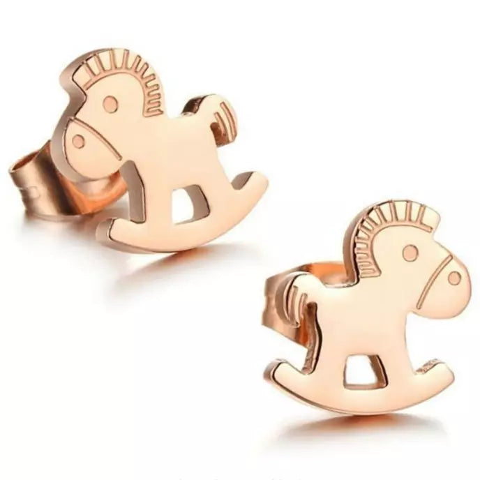 Children's and Teens' Earrings:  Steel with Rose Gold IP Rocking Horse Earrings