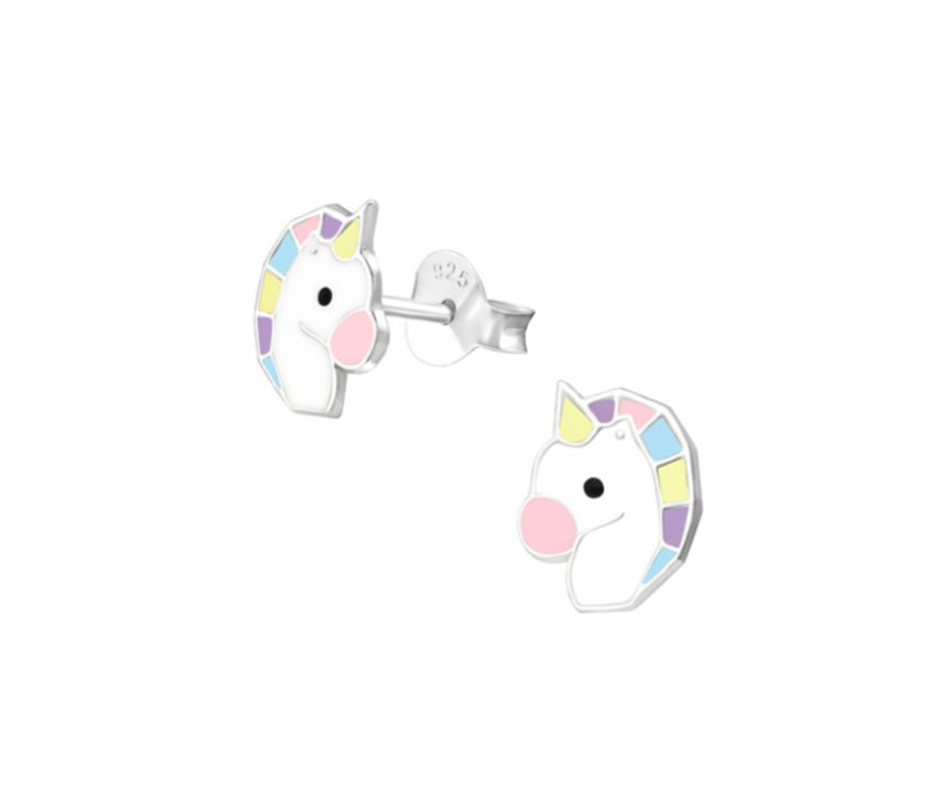 Unicorn earrings crafted from 925 sterling silver with pastel enamel unicorn heads and push backs.
