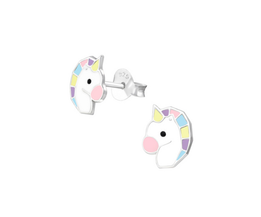 Unicorn earrings crafted from 925 sterling silver with pastel enamel unicorn heads and push backs.