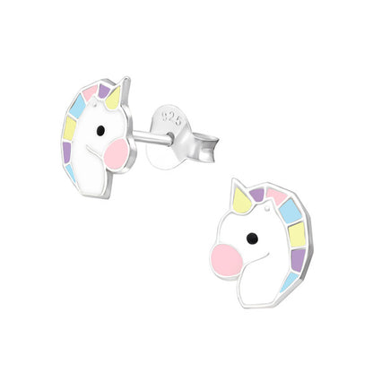 Unicorn earrings in sterling silver with pastel enamel unicorn heads and push backs, perfect for kids and magical gifts.