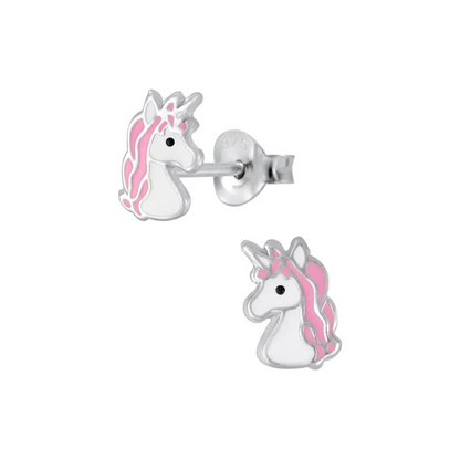 Unicorn earrings made from sterling silver with pink and white enamel unicorn heads and push back closure.