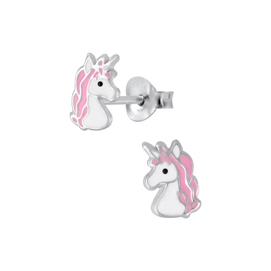 Unicorn earrings made from sterling silver with pink and white enamel unicorn heads and push back closure.