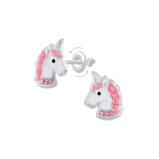 Unicorn earrings featuring sterling silver pink and white glitter unicorn heads with screw backs.