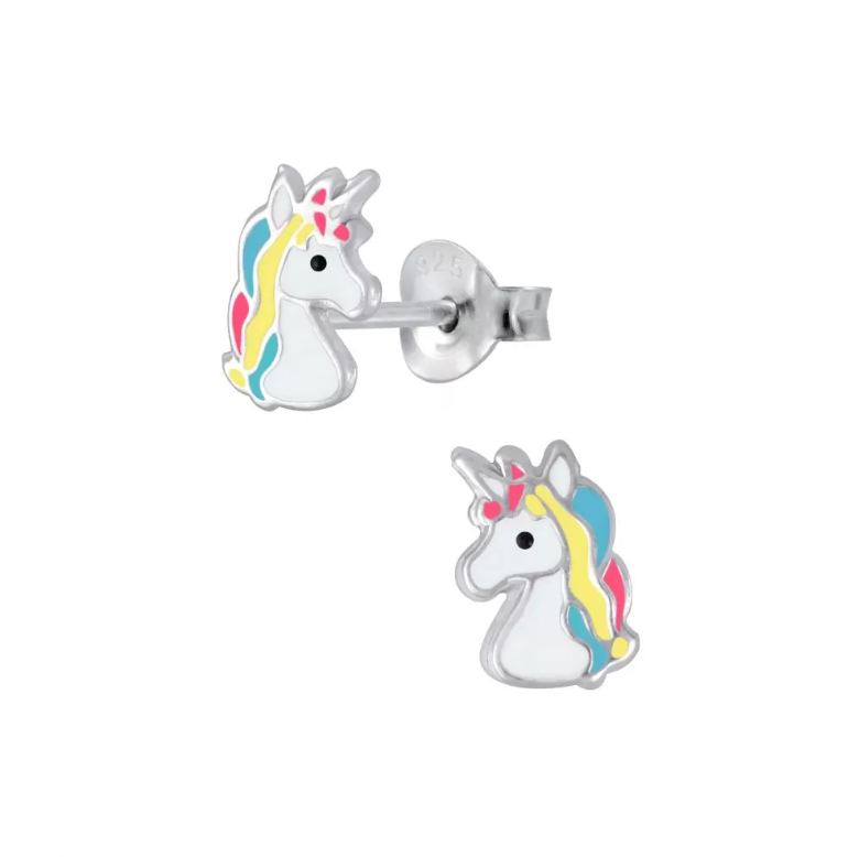 Unicorn earrings made of sterling silver with colorful enamel unicorn heads and push backs, perfect for kids.