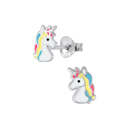 Unicorn earrings made of sterling silver with colorful enamel unicorn heads and push backs, perfect for kids.