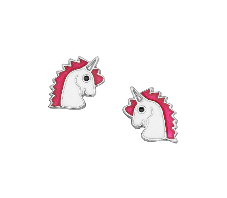 Unicorn earrings made of sterling silver featuring white and pink enamel unicorn heads with push backs.
