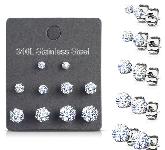 Baby, Children's, Teens' and Mothers Earrings:  Surgical Steel Family Pack of 5 Pairs of AAA Clear CZ Stud Earrings