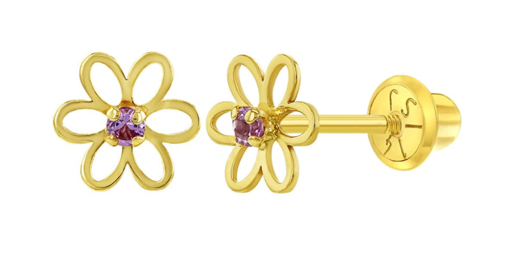 Baby and Children's Earrings:  14k Gold Open Flower with Pink CZ Screw Back Earrings with Gift Box