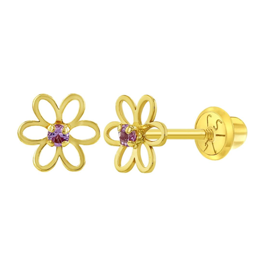 Baby and Children's Earrings:  14k Gold Open Flower with Clear CZ Screw Back Earrings with Gift Box