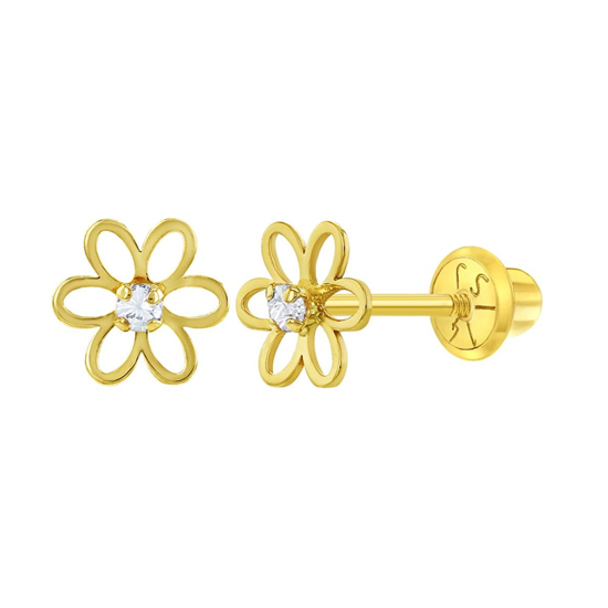 Baby and Children's Earrings:  14k Gold Open Flower with Clear CZ Screw Back Earrings with Gift Box