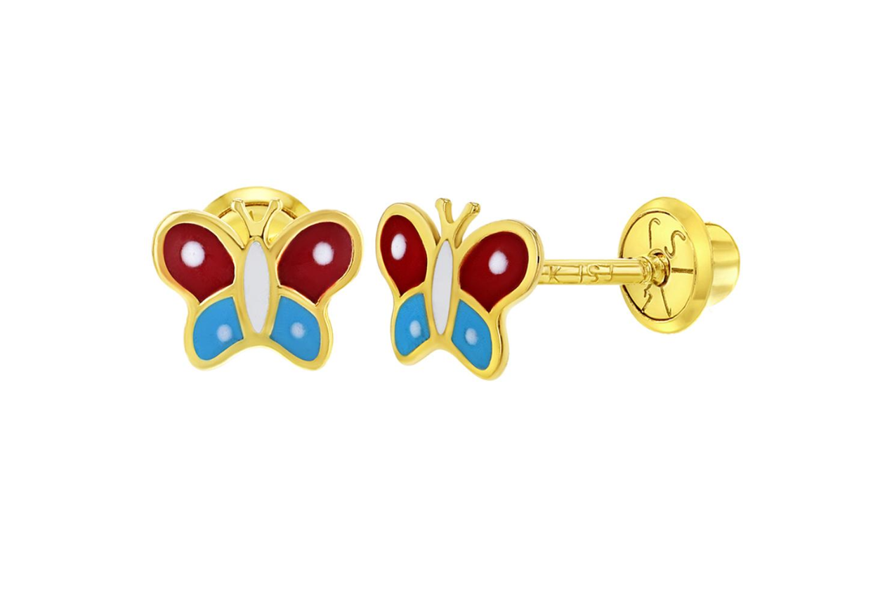 Baby and Children's Earrings:  14k Gold Red and Blue Enamelled Butterflies with Screw Backs with Gift Box