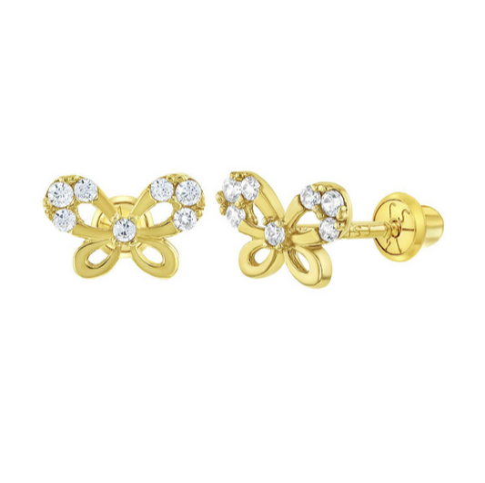 Baby and Children's Earrings:  14k Gold, Clear AAA CZ Butterfly Screw Back Earrings with Gift Box