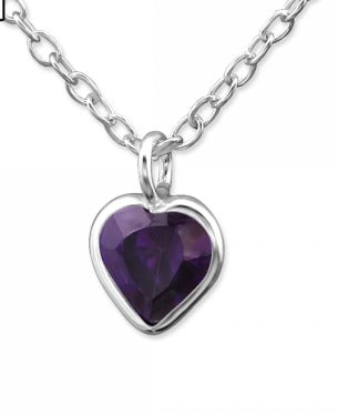 Children's Necklaces:  Sterling Silver Amethyst CZ Heart Minimalist Necklace
