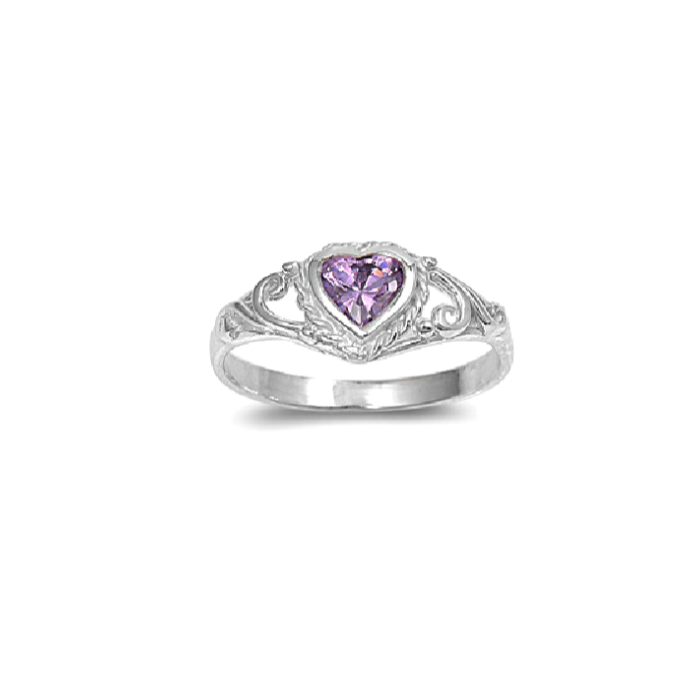 Children's Rings:  Sterling Silver Amethyst CZ Heart Ring Size 2