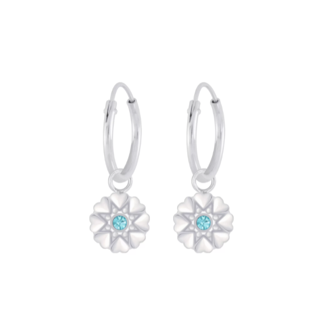 Children's Earrings:  Sterling Silver Sleepers with Silver Flowers - Aqua CZ