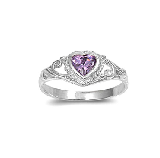 Children's Rings:  Sterling Silver Amethyst CZ Heart Ring Size 5