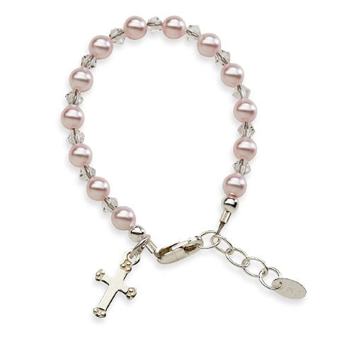 Baby Bracelets:  Sterling silver, Pink Swarovski Pearls with Cross for Newborns
