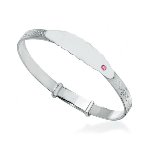Children's Bangles:  Sterling Silver Embossed ID Bangle with Pink CZ Age 3 - 7 with Gift Box
