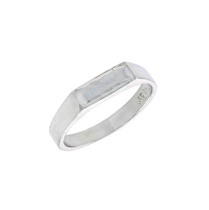 A flat topped, sterling silver children's ring with a smooth surface.