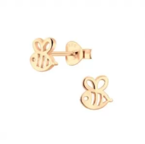 Baby bee earrings in 14k rose gold vermeil, designed for newborns and tiny tots, showcasing delicate bee charm.
