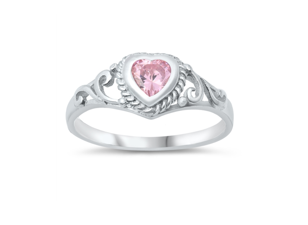 Children's Rings:  Sterling Silver Baby Pink CZ Heart Ring Size 6