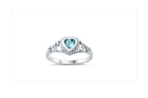 Children's Rings:  Sterling Silver Aquamarine CZ Heart Rings Size 2