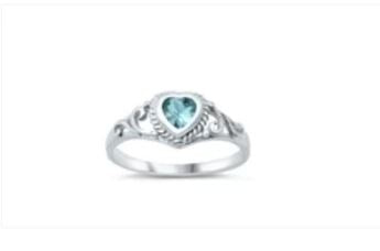 Children's Rings:  Sterling Silver Aquamarine CZ Heart Rings Size 4