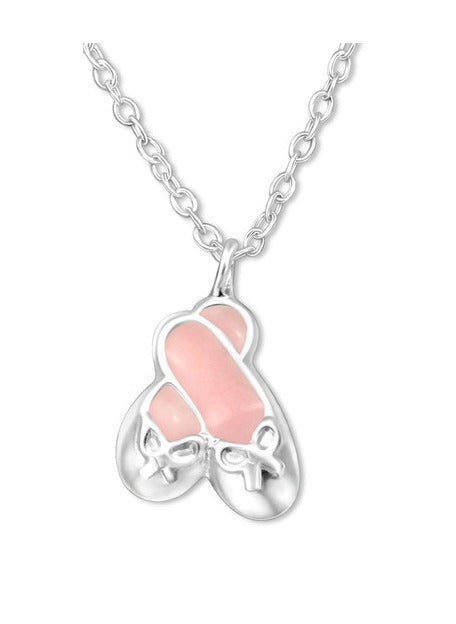 A sterling silver necklace with a pink enamel ballet shoe pendant on a 39cm chain.