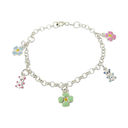 A sterling silver bracelet with enameled bear and flower charms in pink, blue, and green colors, designed for babies and children.