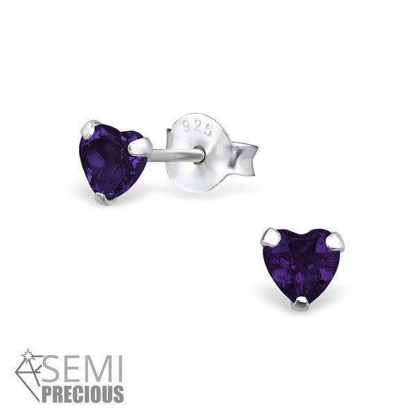 Baby and Children's Earrings:  Sterling Silver February Birthstone (Amethyst) Heart Studs 4mm