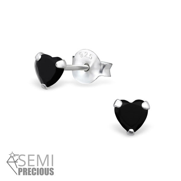 Baby and Children's Earrings:  Sterling Silver December Birthstone (Black Onyx) Heart Studs 4mm
