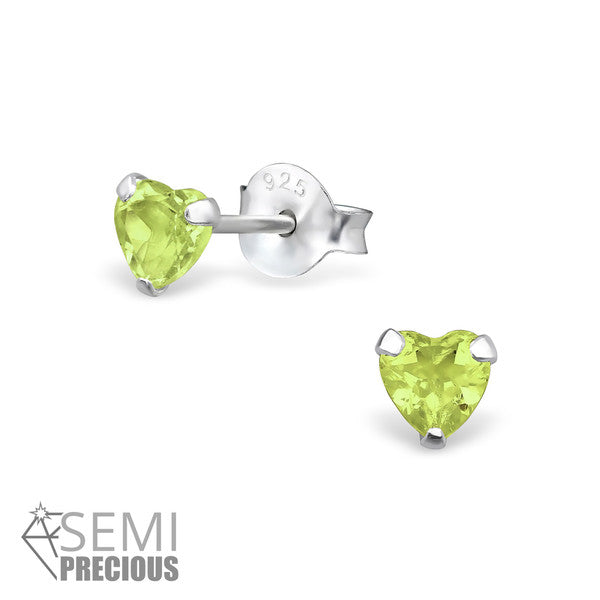 Baby and Children's Earrings:  Sterling Silver August Birthstone (Peridot) Heart Studs 4mm