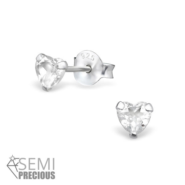 Baby and Children's Earrings:  Sterling Silver, Genuine White Topaz Heart Studs 4mm