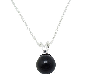 Pearl pendant necklace with glossy black glass pearl and sterling silver chain, perfect for elegant outfits.