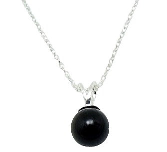 Pearl pendant necklace featuring glossy black glass pearl and sterling silver chain.