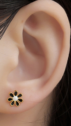 Children's Earrings:  Surgical Steel with Gold IP Black/White Flowers with Screw Backs