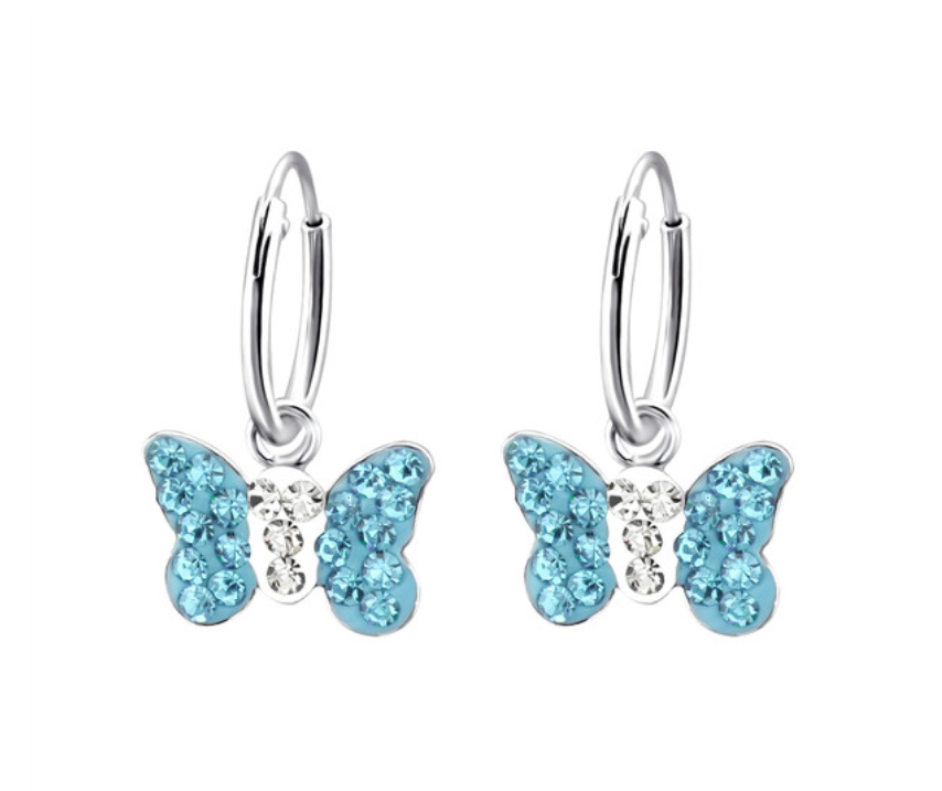 Baby Earrings:  Sterling Silver and Blue Crystal Butterfly Sleepers/Hoops
