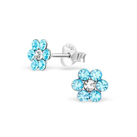 Baby and Children's Earrings:  Sterling Silver Pale Blue Crystal Flowers