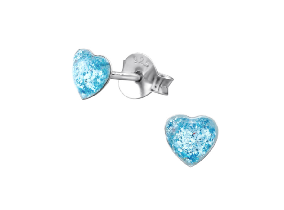 Baby Earrings:  Sterling Silver Tiny, Blue Glitter Hearts