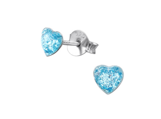 Baby Earrings:  Sterling Silver Blue Glitter Hearts
