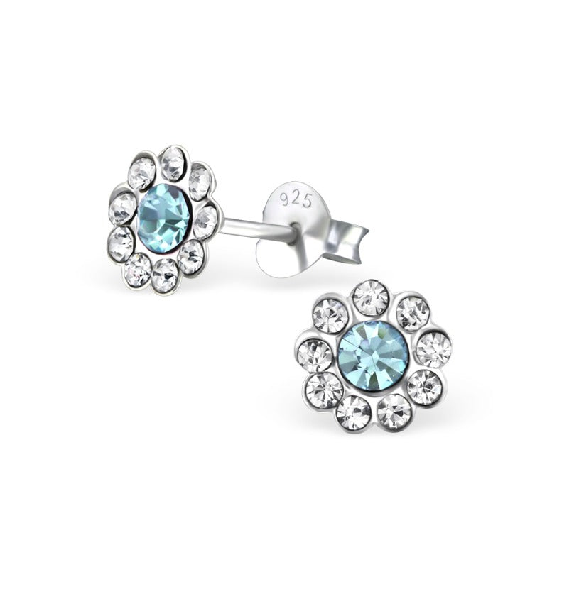 Baby and Children's Earrings:  Sterling Silver Flowers in Blue and White CZ