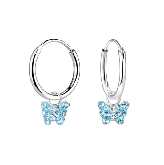Baby and Children's Earrings:  Sterling Silver Sleepers/Hoops with Tiny Blue Crystal Butterflies