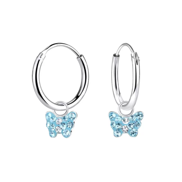 Baby and Children's Earrings:  Sterling Silver Sleepers/Hoops with Tiny Blue Crystal Butterflies