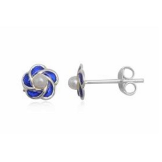Children's Earrings:  Sterling Silver Pearl Flower Blue