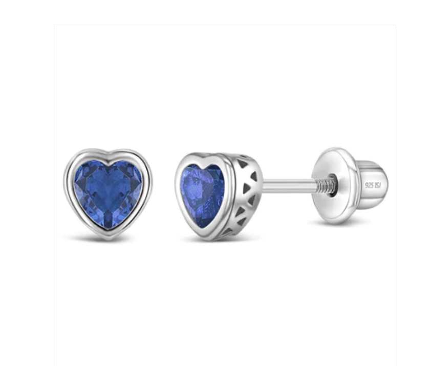 Baby and Children's Earrings:  Sterling Silver Bezel Set Sapphire CZ Hearts with Screw Backs